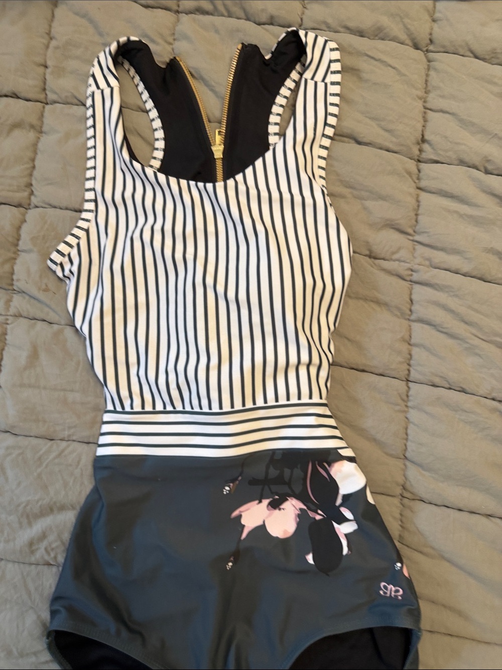 Albion Black & White Striped One-Piece Swimsuit with Pink Floral Detail - Picture 5 of 6